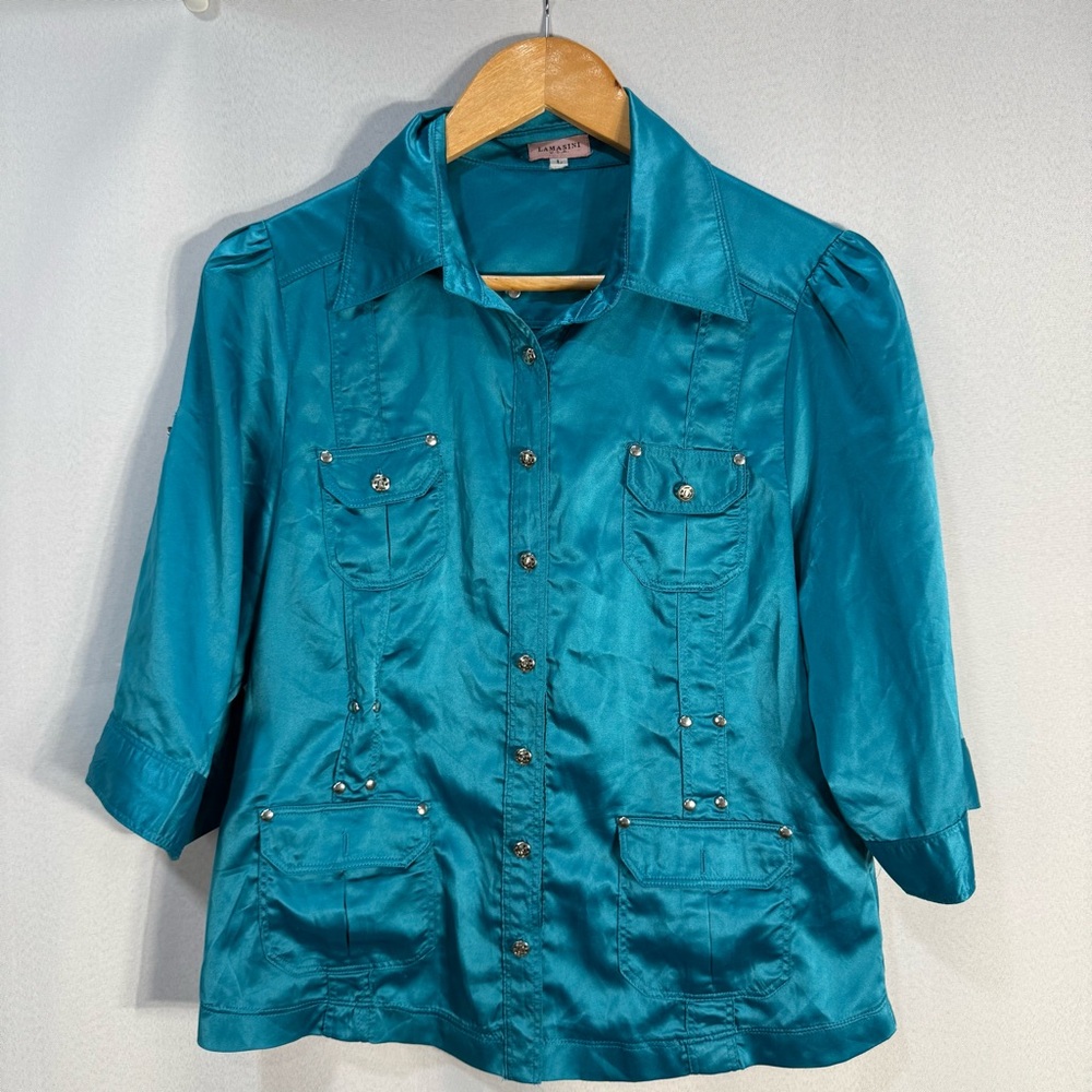 Lamasini Teal Satin Button-Up Utility Shirt Women’s Large